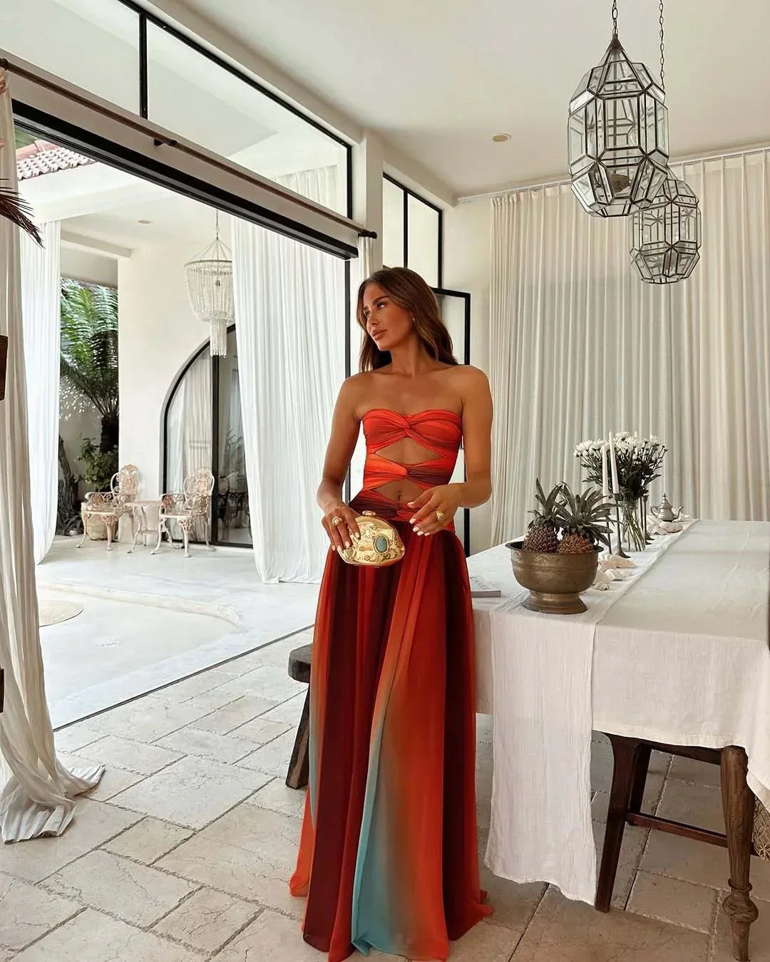 Damen Maxikleid Trägerlos Rot Orange - Image 3