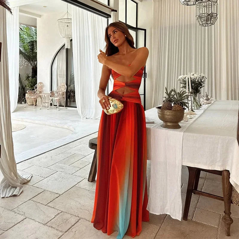 Damen Maxikleid Trägerlos Rot Orange - Image 2