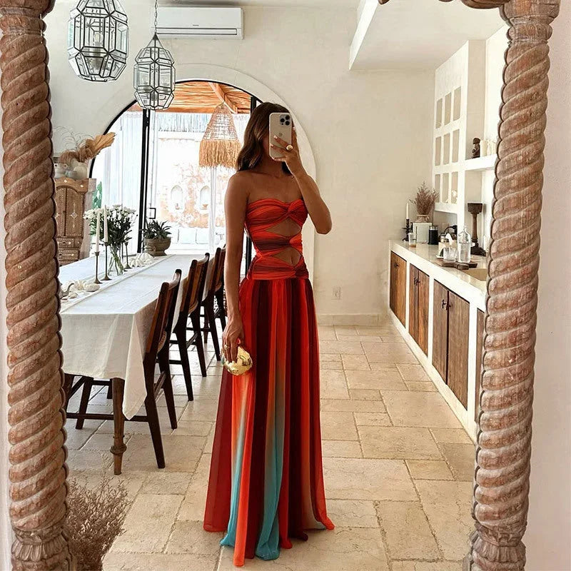 Damen Maxikleid Trägerlos Rot Orange - Image 4