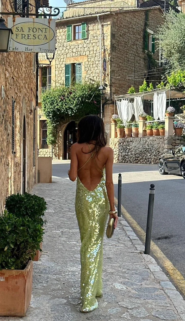 Damen Grünes Pailletten Maxikleid Rückenfrei Lang - Image 4