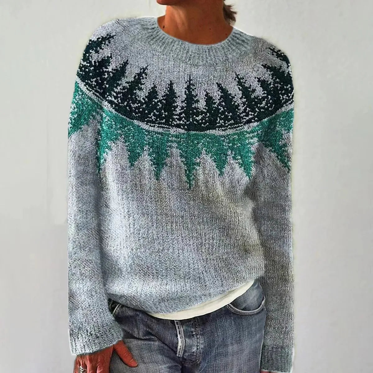 Damen Vintage Strickpullover Norwegermuster Rundhals - Image 8