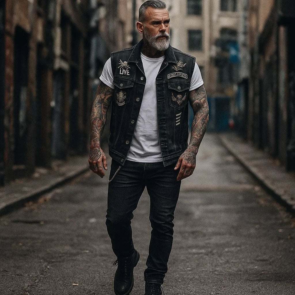 Herren Denim Motorradweste Biker Kutte Ärmellos