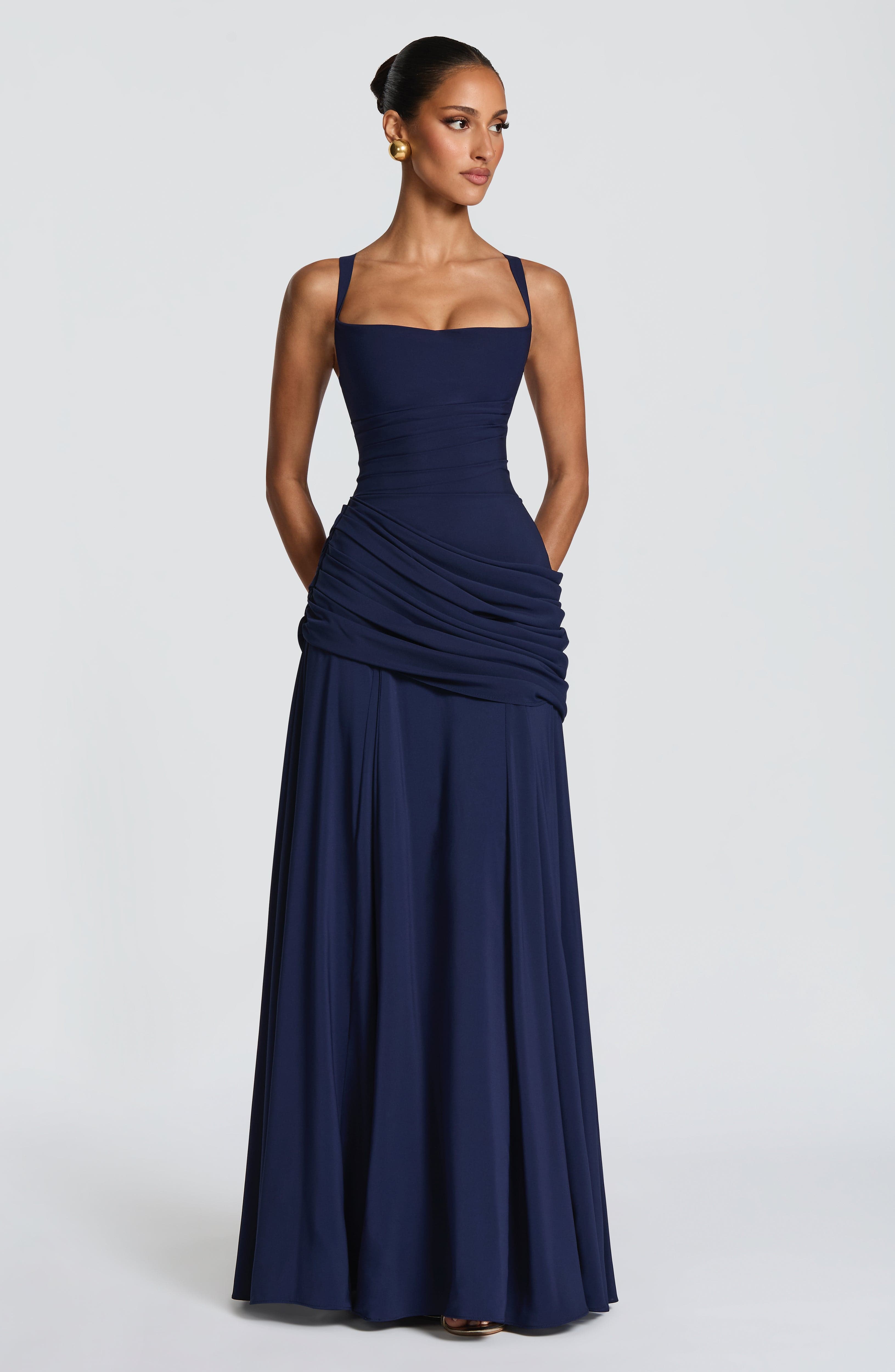 Damen Elegantes Langes Abendkleid Maxikleid Asymmetrisch Wasserfallausschnitt - Image 10