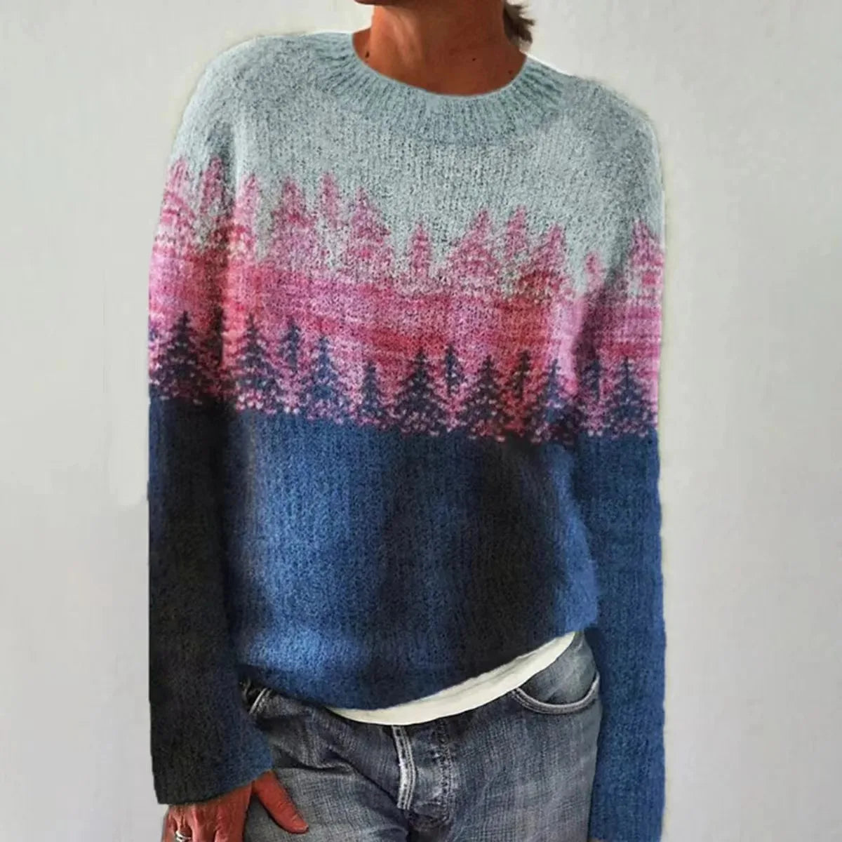 Damen Vintage Strickpullover Norwegermuster Rundhals - Image 2