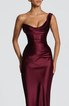Damen Satin Maxikleid Ein-Schulter Korsett Abendkleid Lang - Image 5