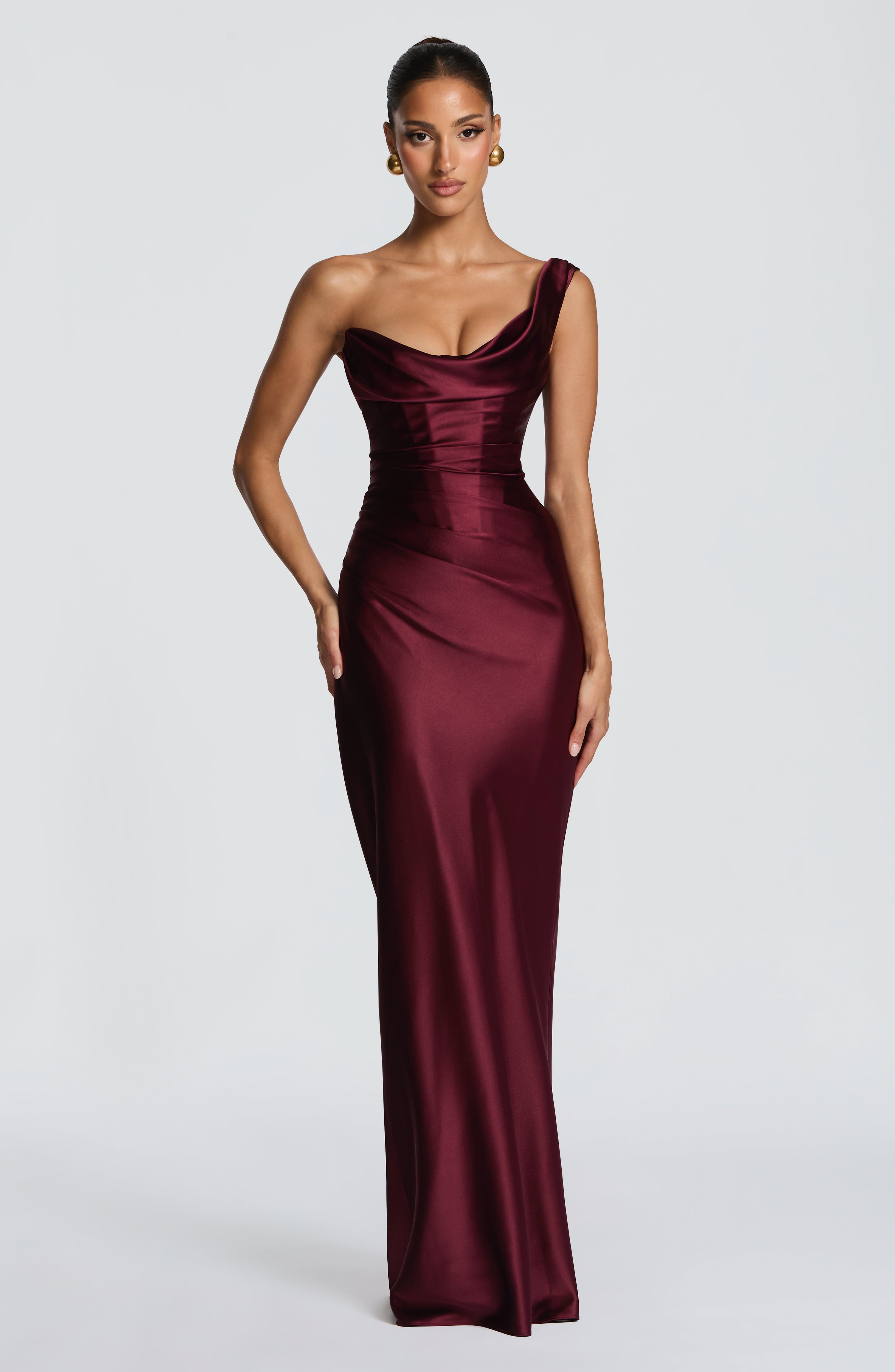 Damen Satin Maxikleid Ein-Schulter Korsett Abendkleid Lang
