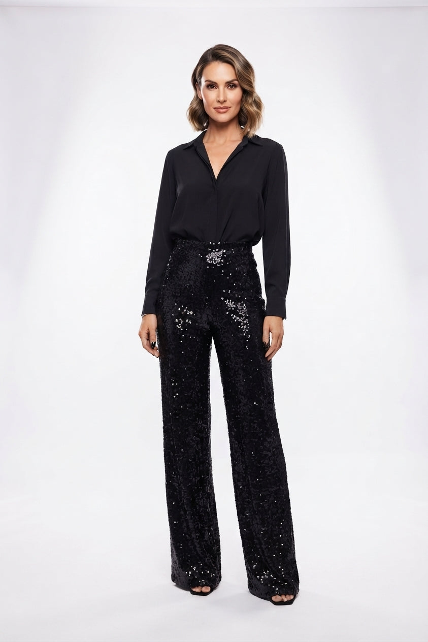 Damen Paillettenhose Gerade Partyhose Glitzer - Image 3