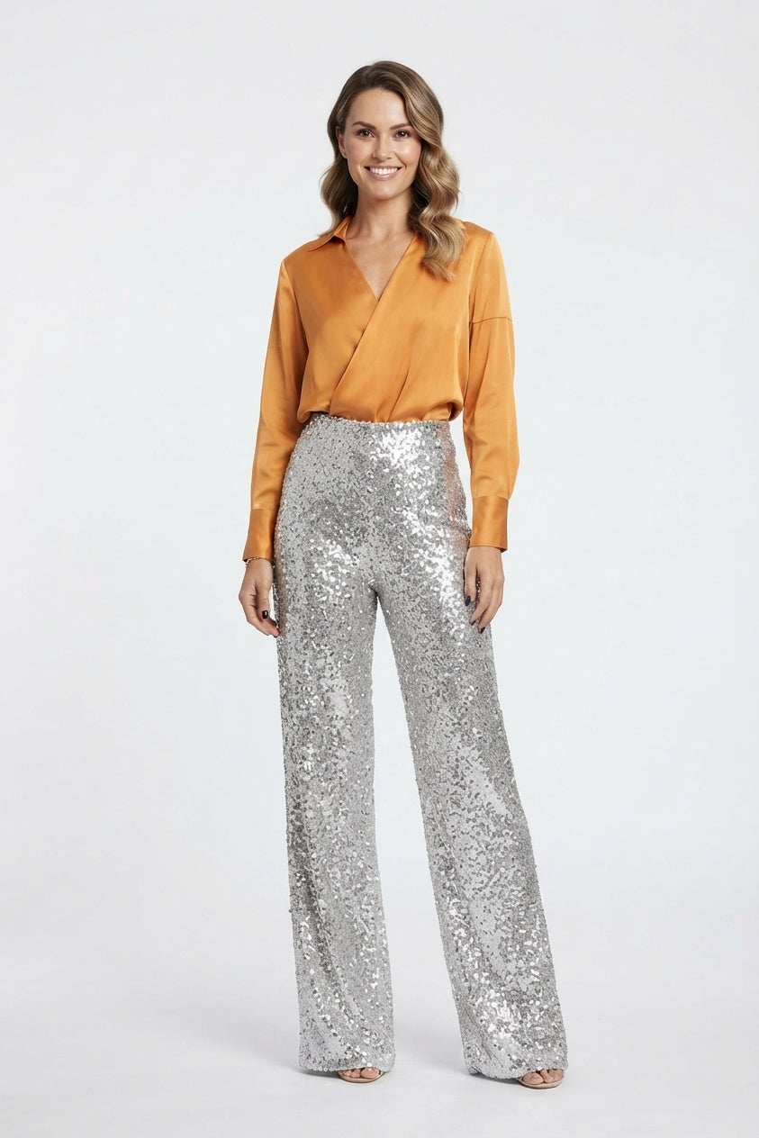 Damen Paillettenhose Gerade Partyhose Glitzer - Image 2