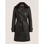 Women's longline leather coat with a shearling collar