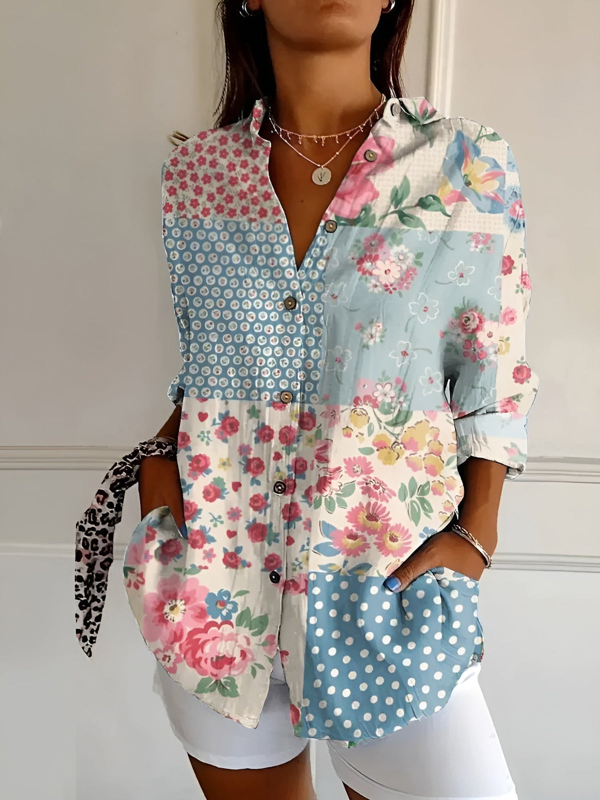 Damen Bluse bedruckt fließend locker Hemdbluse mit Muster - Image 3