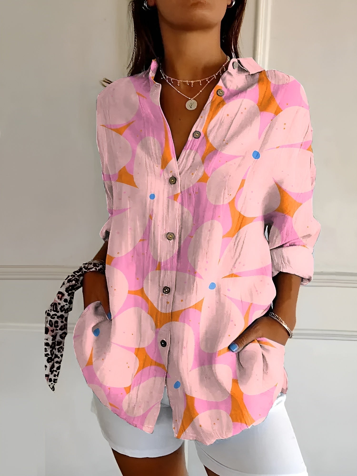 Damen Bluse bedruckt fließend locker Hemdbluse mit Muster