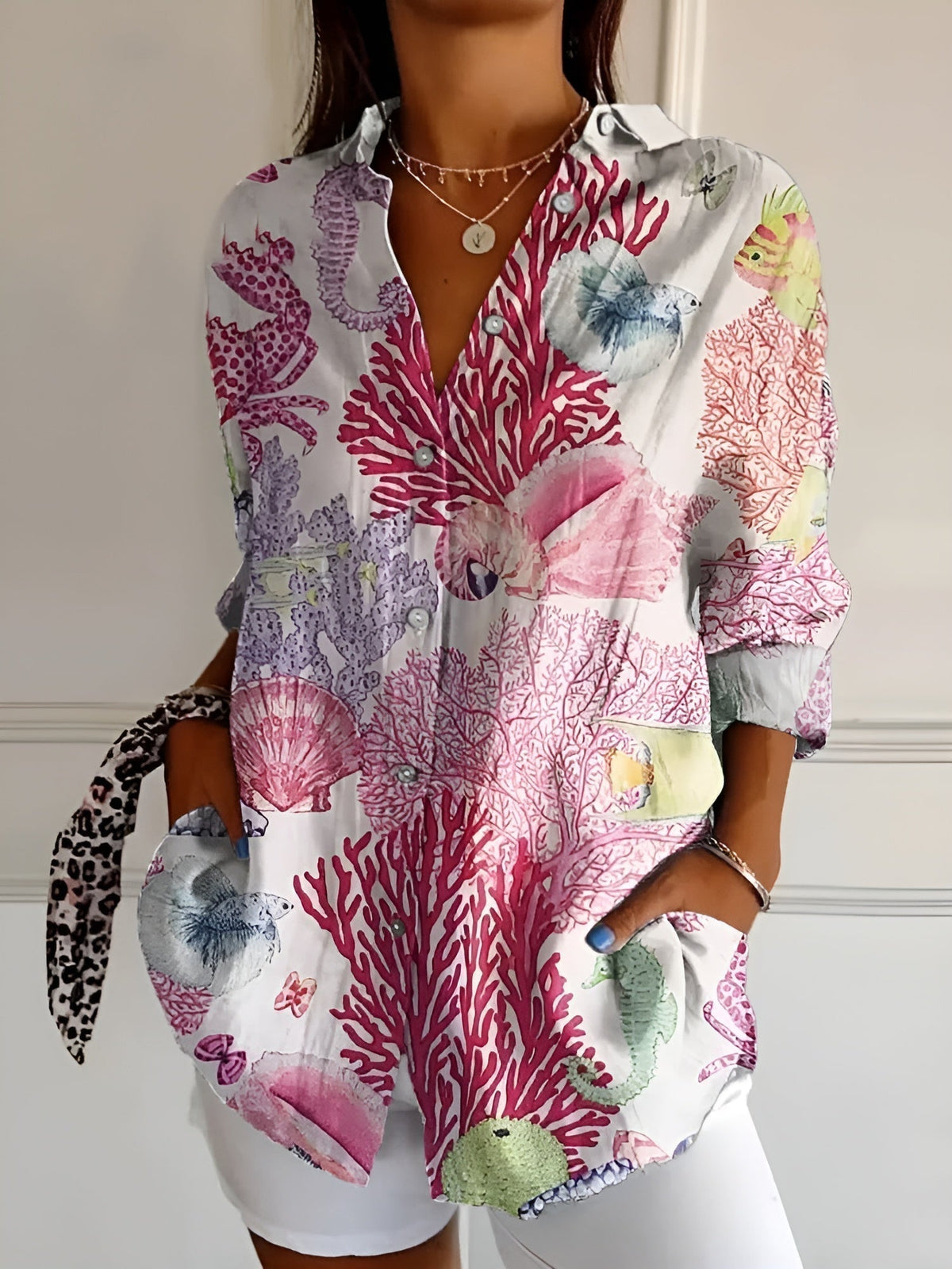 Damen Bluse bedruckt fließend locker Hemdbluse mit Muster - Image 4
