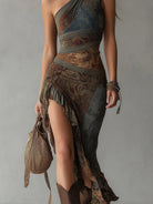 Women Asymmetrical One Shoulder Draped Slit Maxi Dress - Image 4