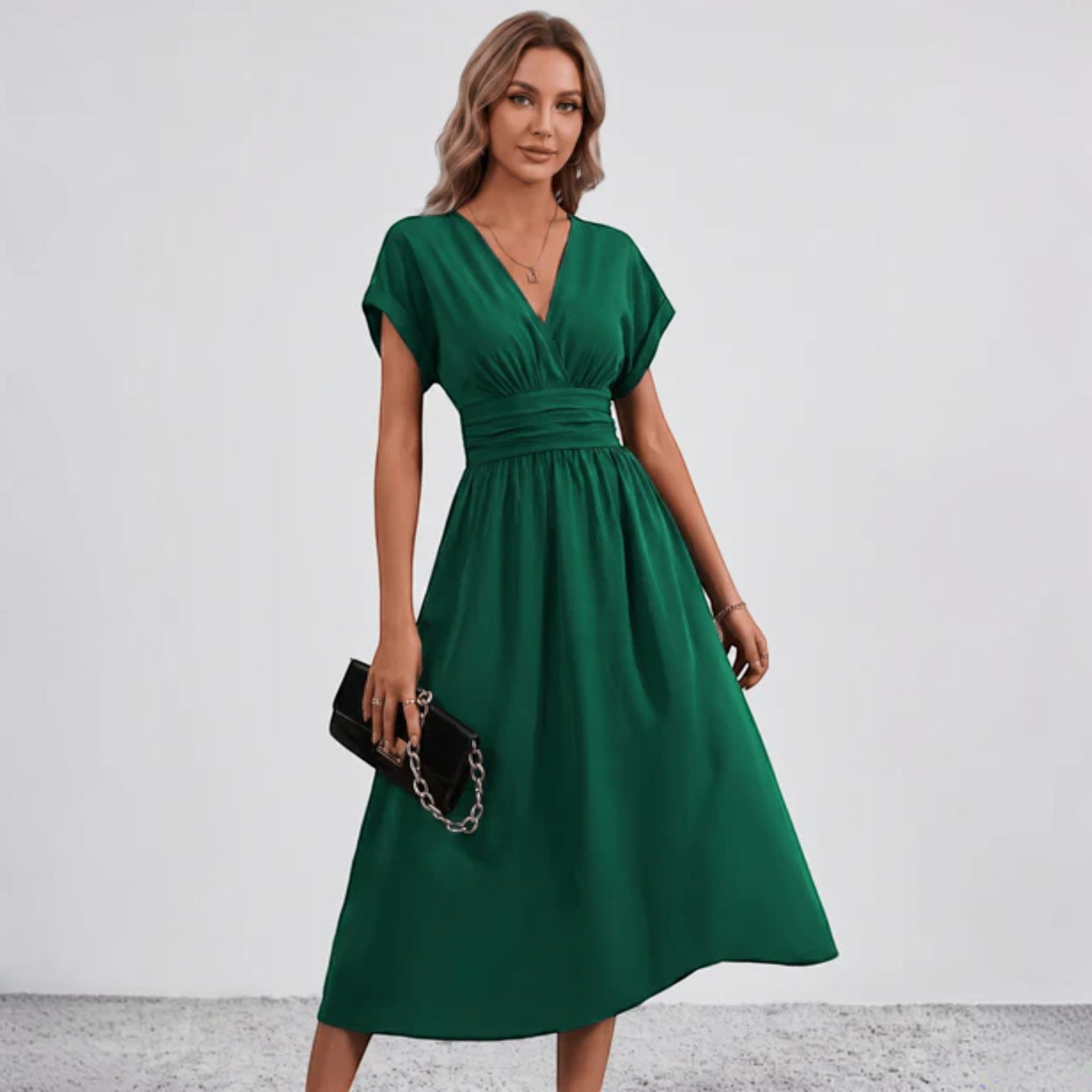 Women V-Neck Ruched Waist Fit Flare Wedding Guest Midi Dress - Image 2