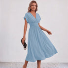 Women V-Neck Ruched Waist Fit Flare Wedding Guest Midi Dress - Image 11
