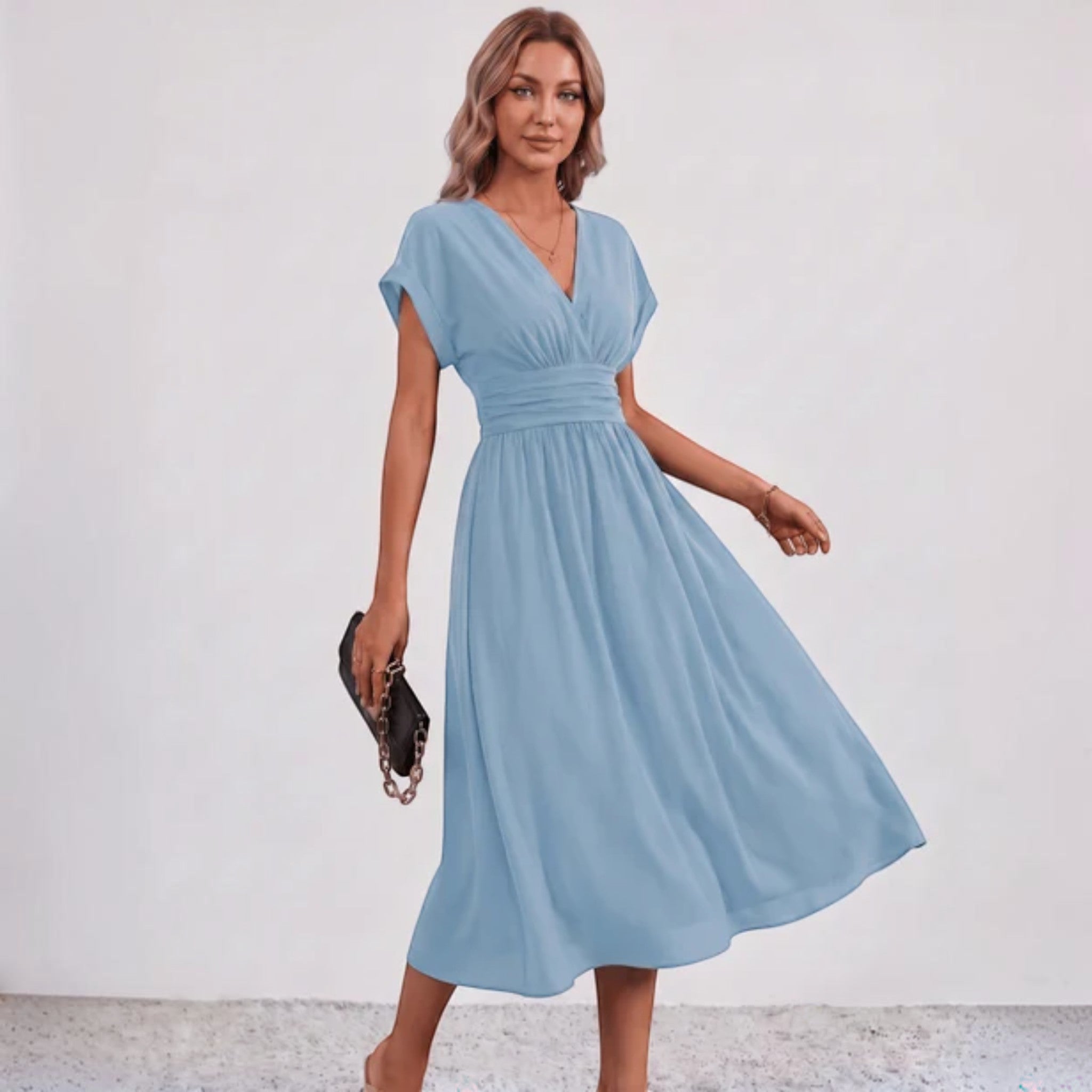Women V-Neck Ruched Waist Fit Flare Wedding Guest Midi Dress - Image 11