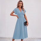 Women V-Neck Ruched Waist Fit Flare Wedding Guest Midi Dress - Image 12