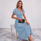Women V-Neck Ruched Waist Fit Flare Wedding Guest Midi Dress - Image 13