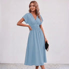 Women V-Neck Ruched Waist Fit Flare Wedding Guest Midi Dress - Image 14