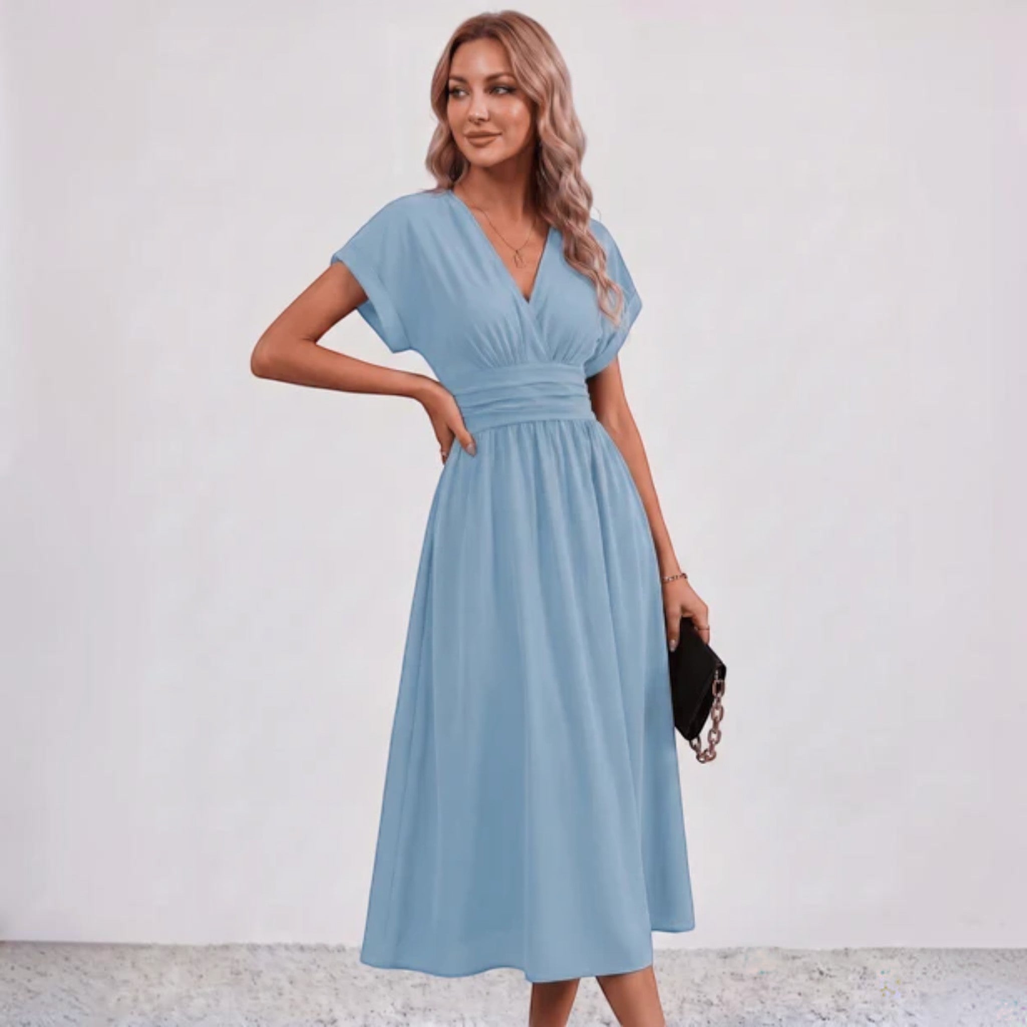 Women V-Neck Ruched Waist Fit Flare Wedding Guest Midi Dress - Image 14
