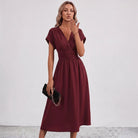 Women V-Neck Ruched Waist Fit Flare Wedding Guest Midi Dress - Image 15