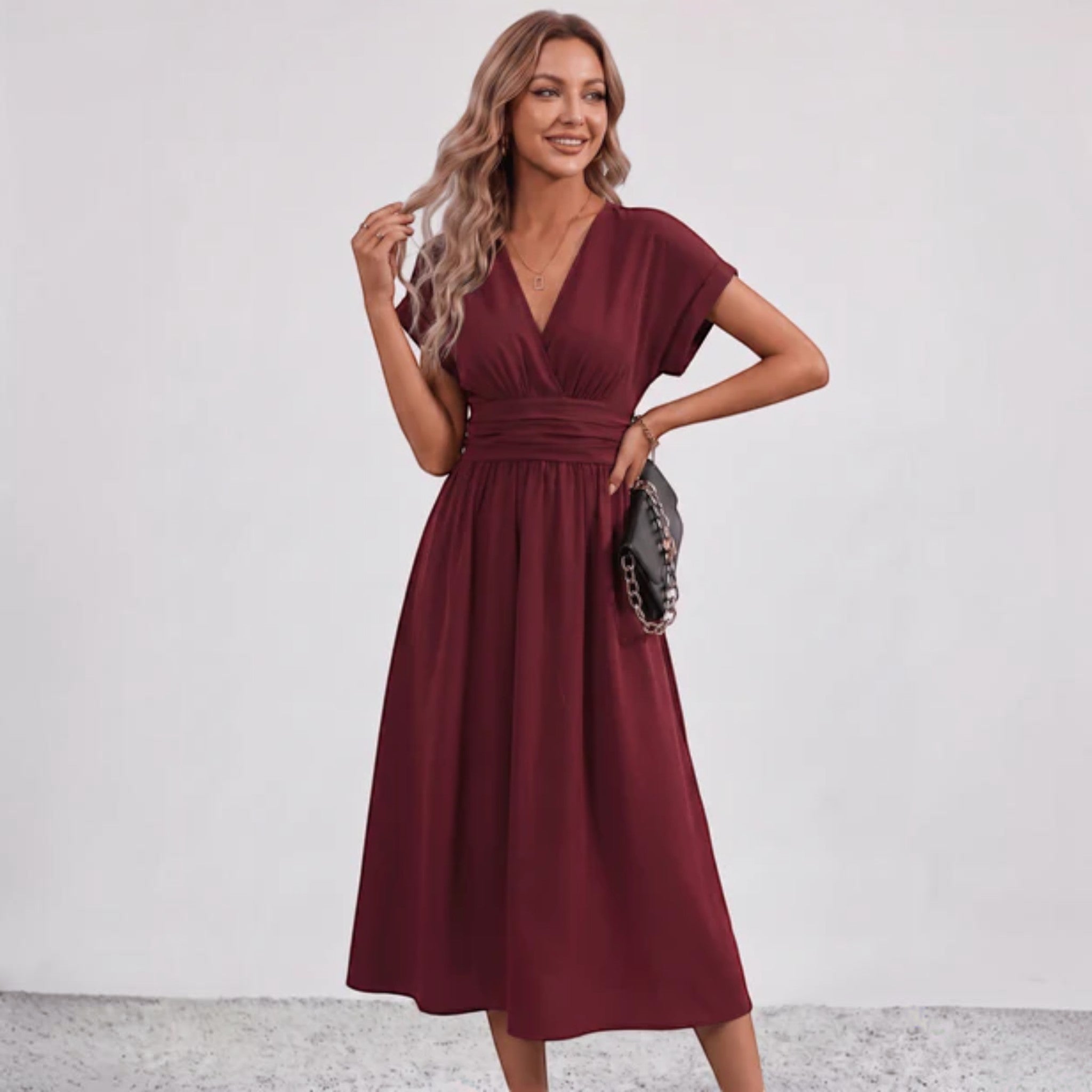 Women V-Neck Ruched Waist Fit Flare Wedding Guest Midi Dress - Image 17