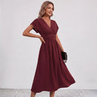 Women V-Neck Ruched Waist Fit Flare Wedding Guest Midi Dress - Image 18