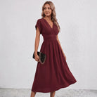 Women V-Neck Ruched Waist Fit Flare Wedding Guest Midi Dress - Image 19