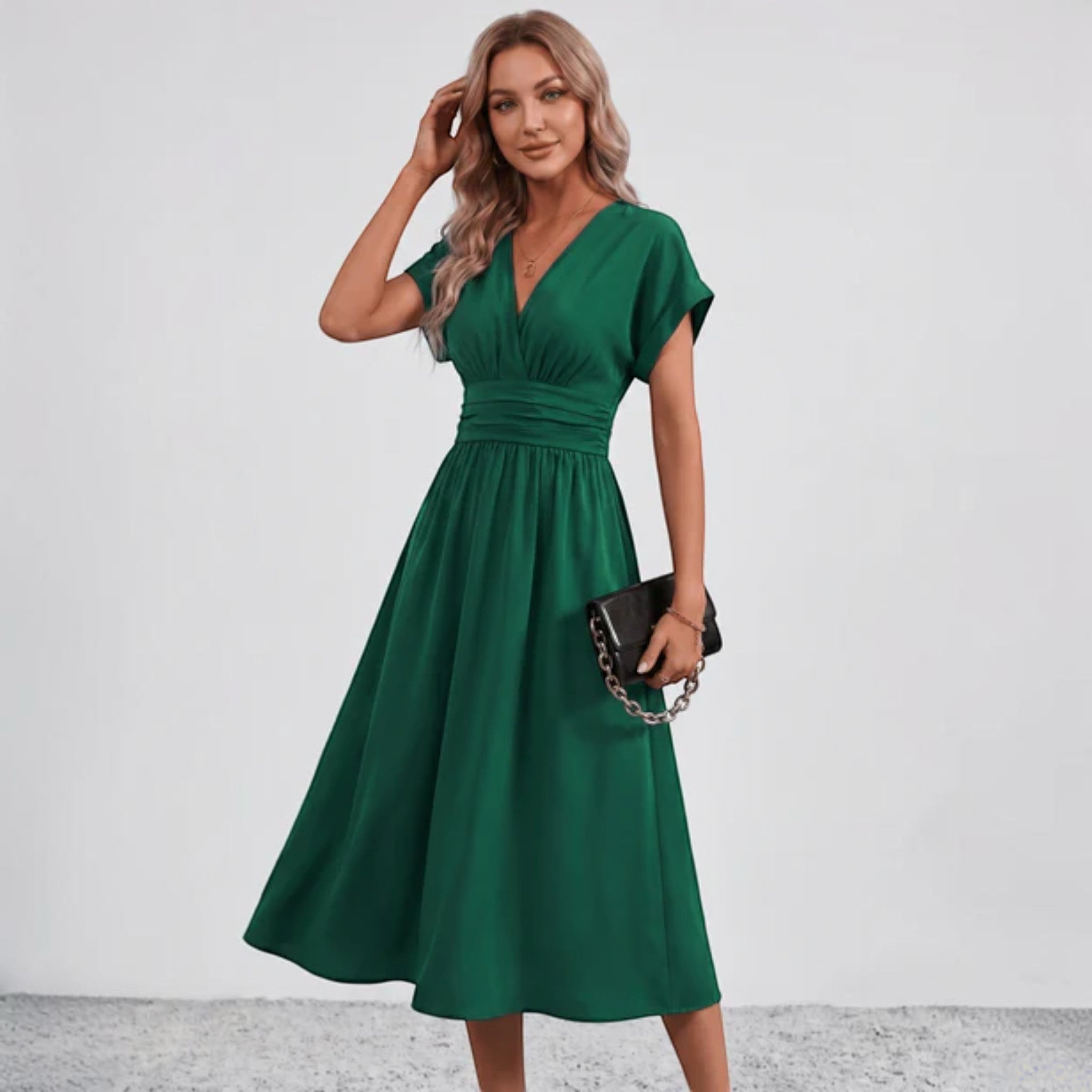 Women V-Neck Ruched Waist Fit Flare Wedding Guest Midi Dress - Image 3