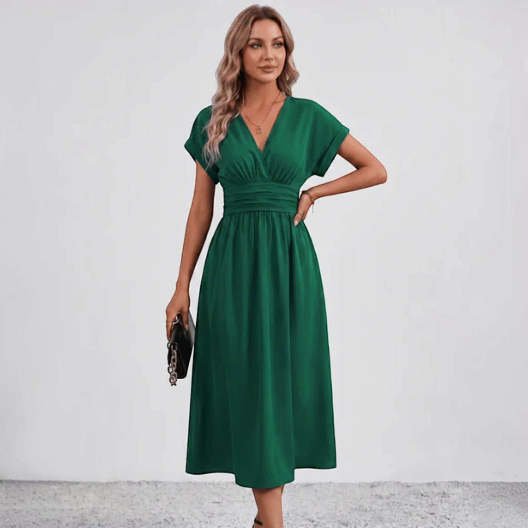 Women V-Neck Ruched Waist Fit Flare Wedding Guest Midi Dress