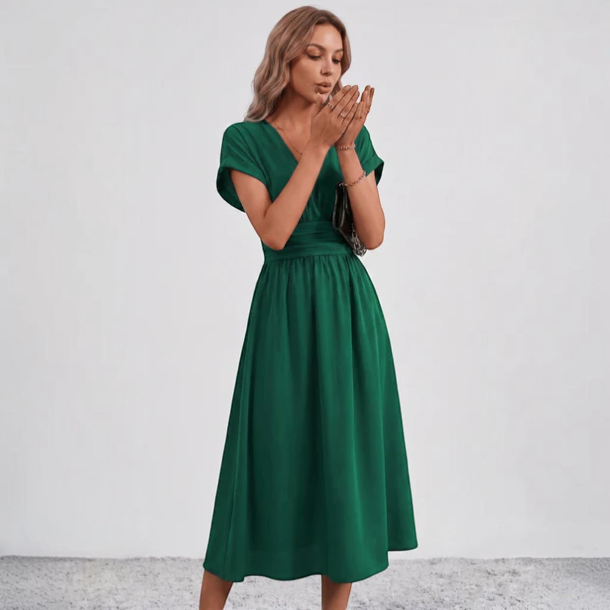 Women V-Neck Ruched Waist Fit Flare Wedding Guest Midi Dress - Image 5
