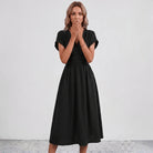 Women V-Neck Ruched Waist Fit Flare Wedding Guest Midi Dress - Image 7