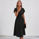 Women V-Neck Ruched Waist Fit Flare Wedding Guest Midi Dress - Image 8