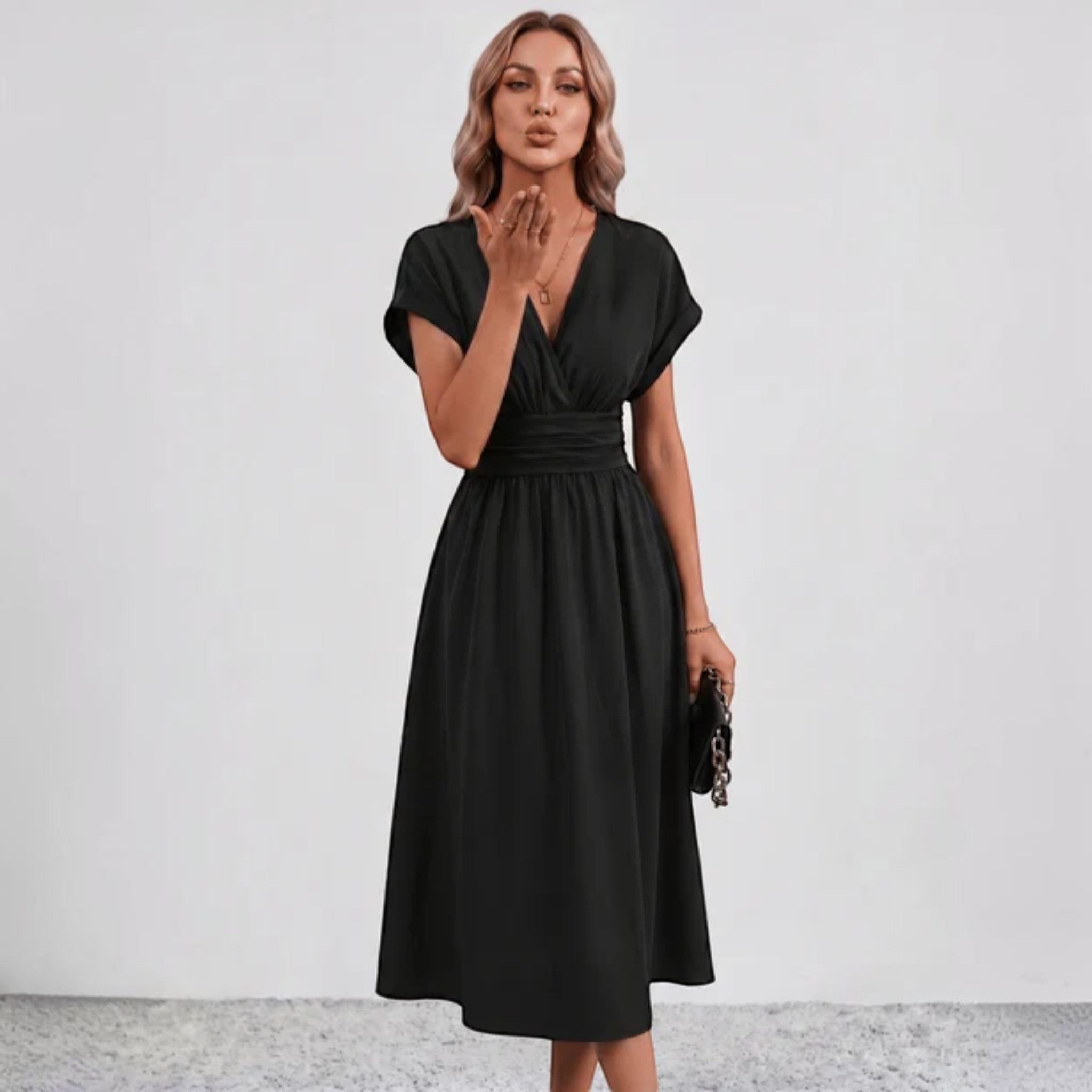 Women V-Neck Ruched Waist Fit Flare Wedding Guest Midi Dress - Image 8