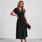 Women V-Neck Ruched Waist Fit Flare Wedding Guest Midi Dress - Image 9
