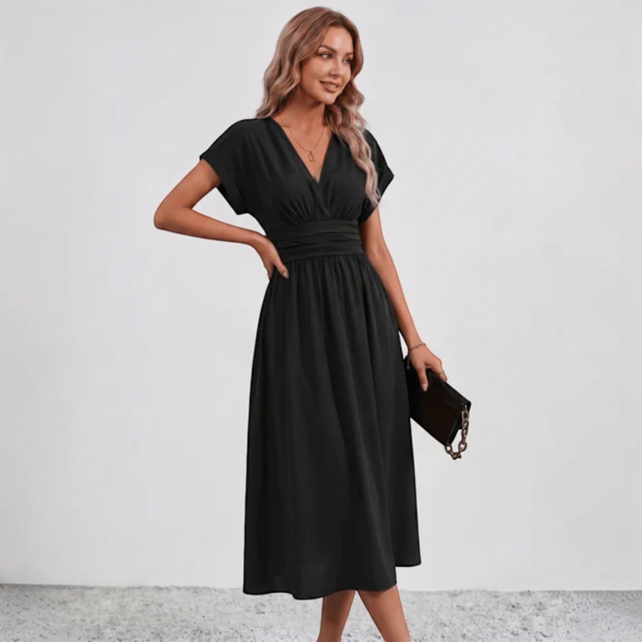 Women V-Neck Ruched Waist Fit Flare Wedding Guest Midi Dress - Image 9